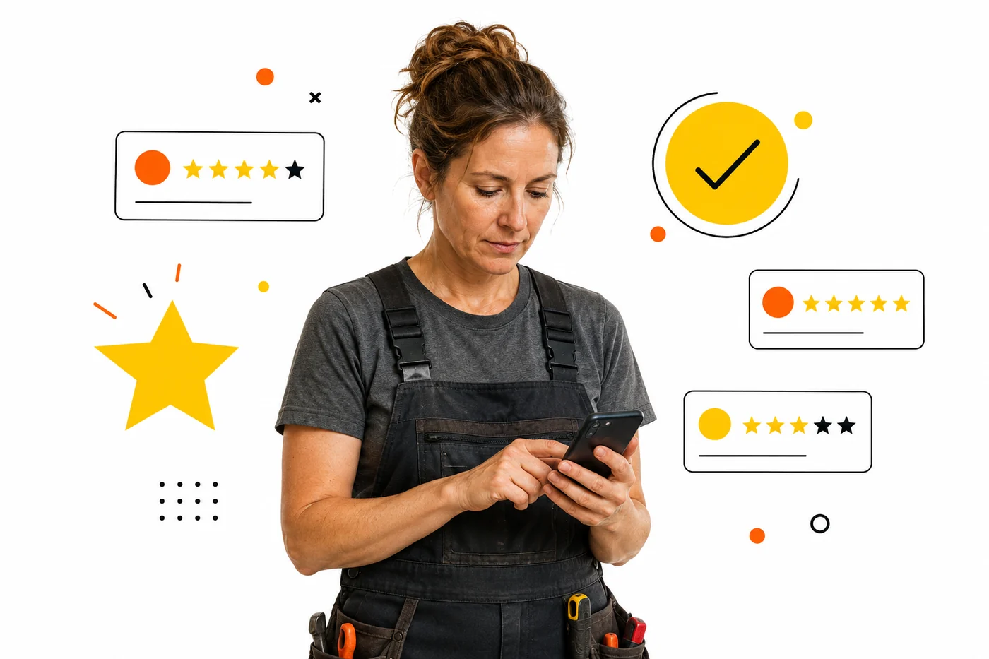 Handwerkerin schaut auf ihr Smartphone, umgeben von Bewertungskarten mit Sternen