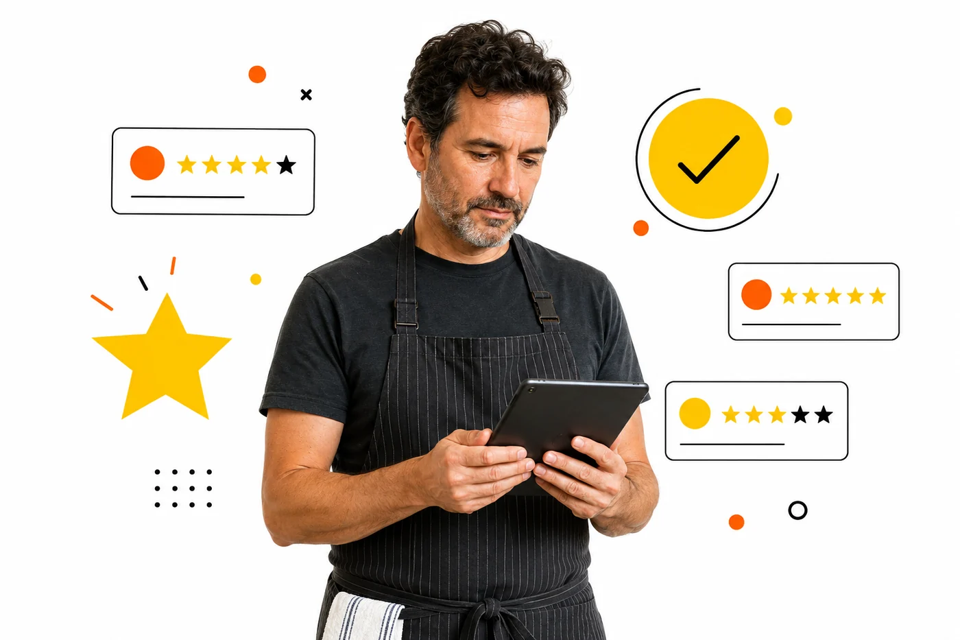 Gastronom mit Tablet, umgeben von Bewertungskarten mit Sternen