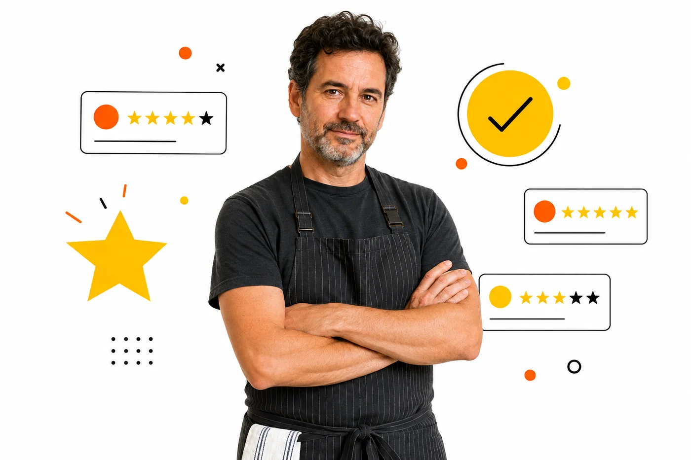 Gastronom mit verschränkten Armen, umgeben von Bewertungskarten mit Sternen