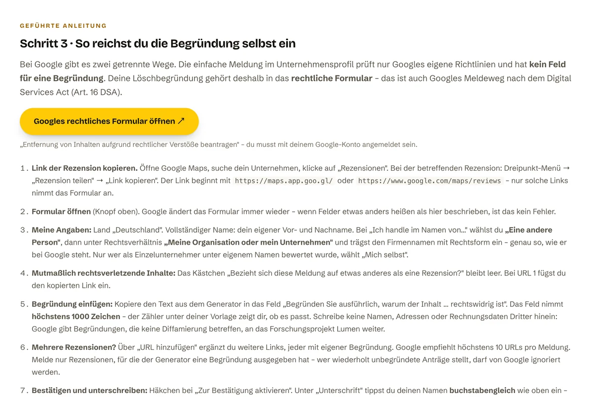 Die Anleitung zum rechtlichen Formular von Google