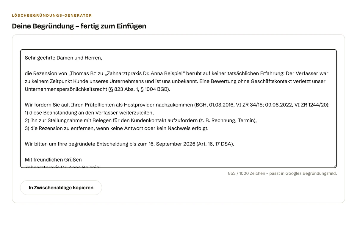 Die erzeugte Begründung mit Zeichenzähler